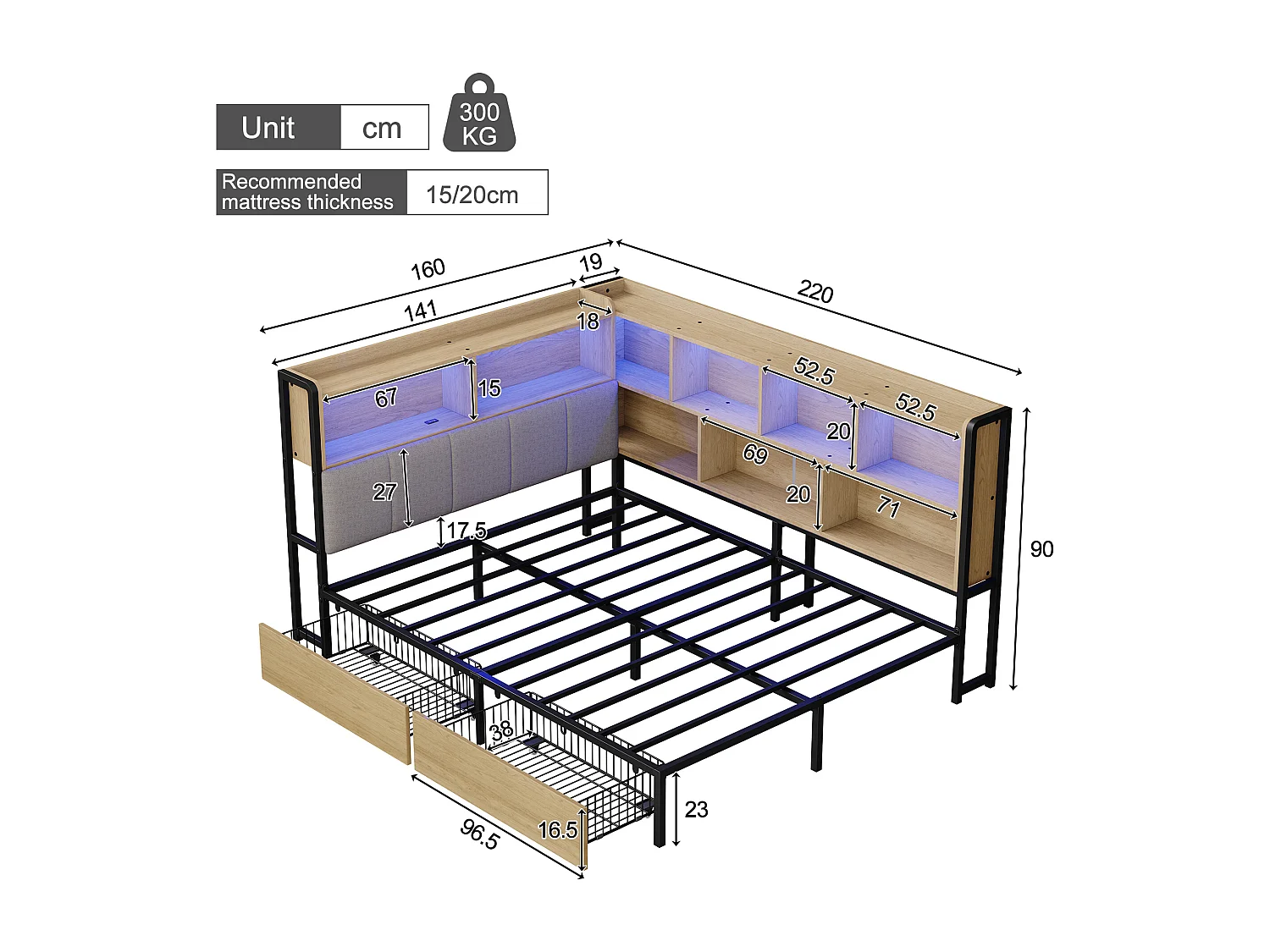 Lit banquette pour enfant - 140 x 200 - avec Leds + USB + 2 tiroirs + tête de lit de rangement - MDF + métal - naturel