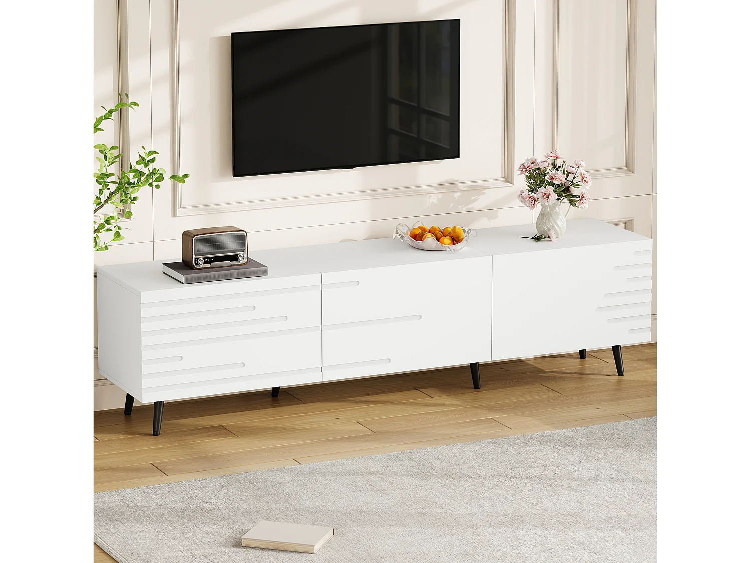 TV-Möbel fürs Wohnzimmer – 180 x 40 x 48 cm – mit 3 Flügeltüren – bedrucktes Design – für 80-Zoll-Fernseher – MDF – weiß