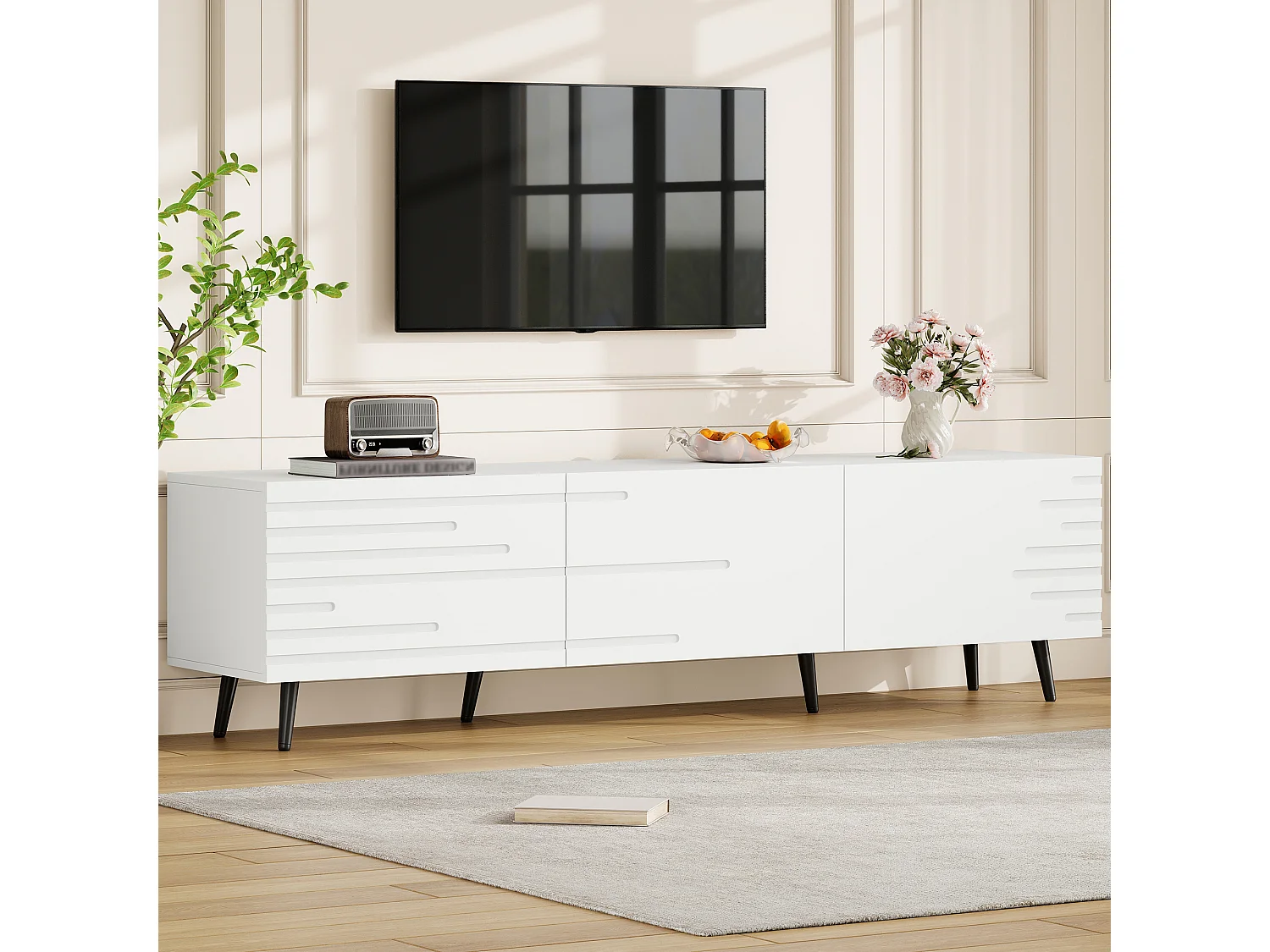 TV-Möbel fürs Wohnzimmer – 180 x 40 x 48 cm – mit 3 Flügeltüren – bedrucktes Design – für 80-Zoll-Fernseher – MDF – weiß
