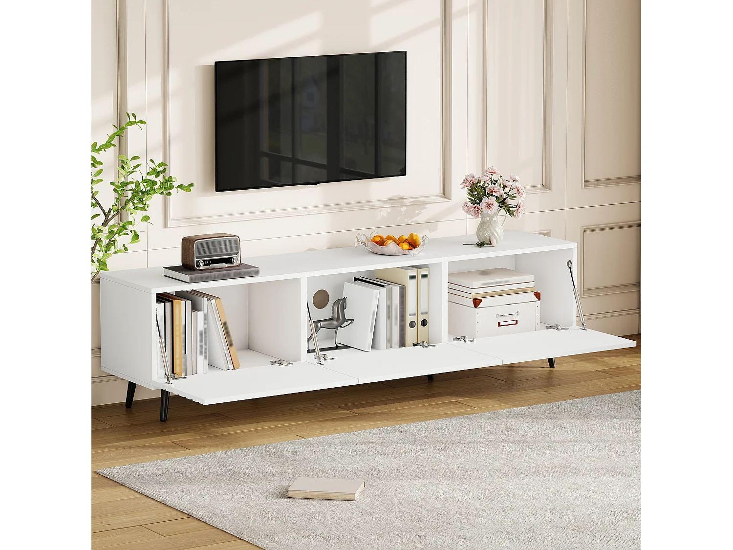TV-Möbel fürs Wohnzimmer – 180 x 40 x 48 cm – mit 3 Flügeltüren – bedrucktes Design – für 80-Zoll-Fernseher – MDF – weiß