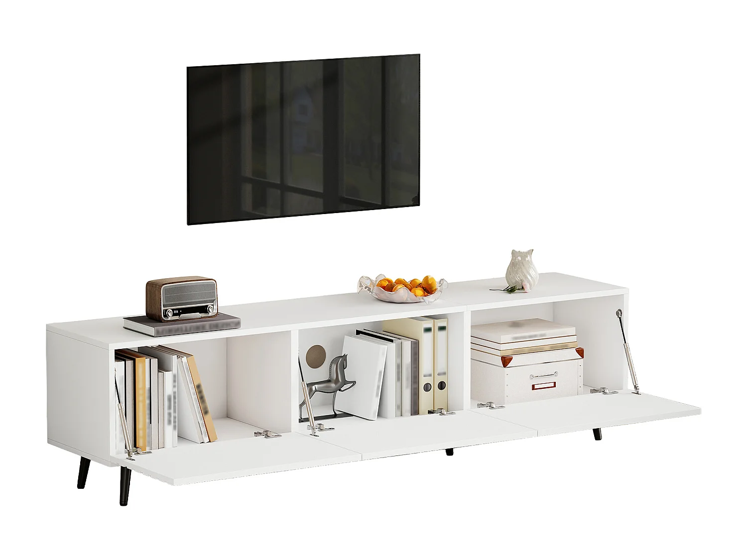 TV-Möbel fürs Wohnzimmer – 180 x 40 x 48 cm – mit 3 Flügeltüren – bedrucktes Design – für 80-Zoll-Fernseher – MDF – weiß