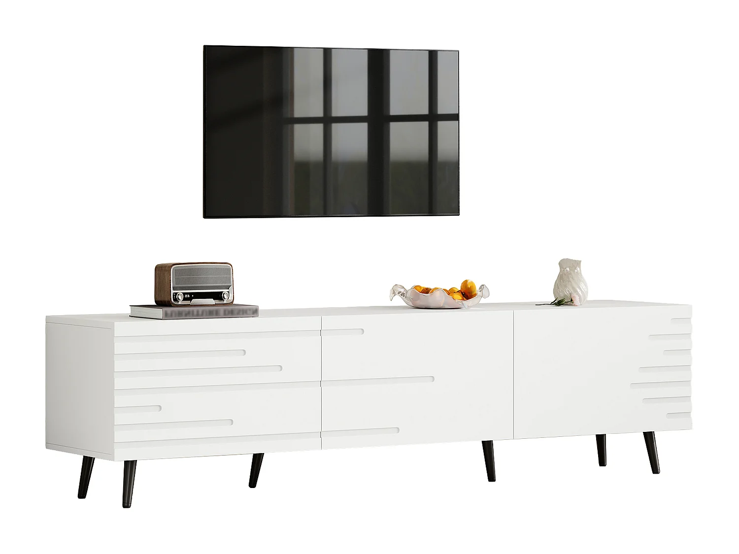 TV-Möbel fürs Wohnzimmer – 180 x 40 x 48 cm – mit 3 Flügeltüren – bedrucktes Design – für 80-Zoll-Fernseher – MDF – weiß