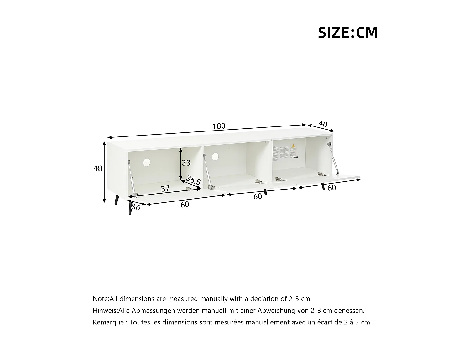 TV-Möbel fürs Wohnzimmer – 180 x 40 x 48 cm – mit 3 Flügeltüren – bedrucktes Design – für 80-Zoll-Fernseher – MDF – weiß