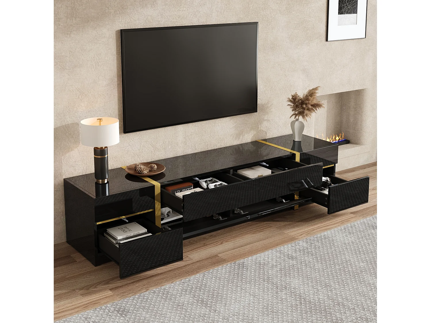 Meuble TV finition laquée brillante avec 4 tiroirs et 2 portes - Noir