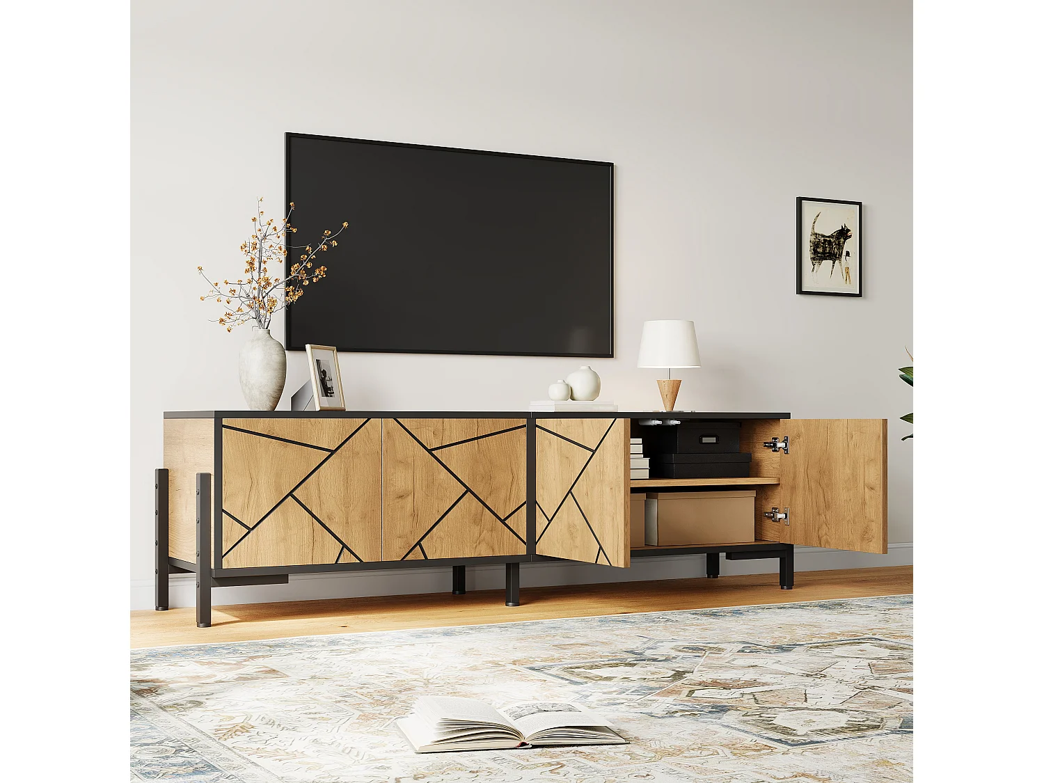 TV-Möbel fürs Wohnzimmer – 153 x 40 x 50 cm – mit 4 Türen – geometrisches Design – für 65-Zoll-Fernseher – MDF – natur