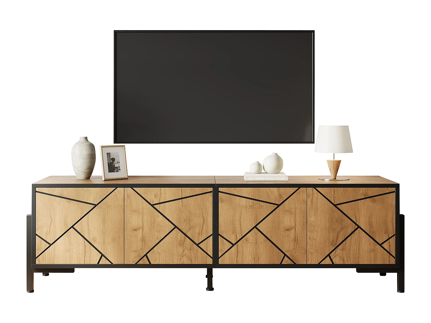 TV-Möbel fürs Wohnzimmer – 153 x 40 x 50 cm – mit 4 Türen – geometrisches Design – für 65-Zoll-Fernseher – MDF – natur