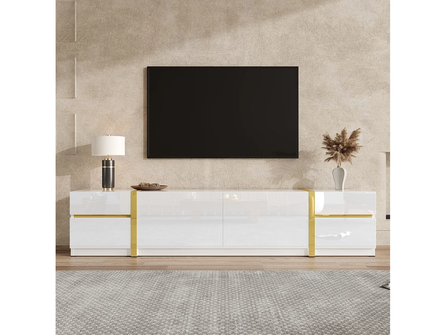 Meuble TV finition laquée brillante avec 4 tiroirs et 2 portes - Blanc