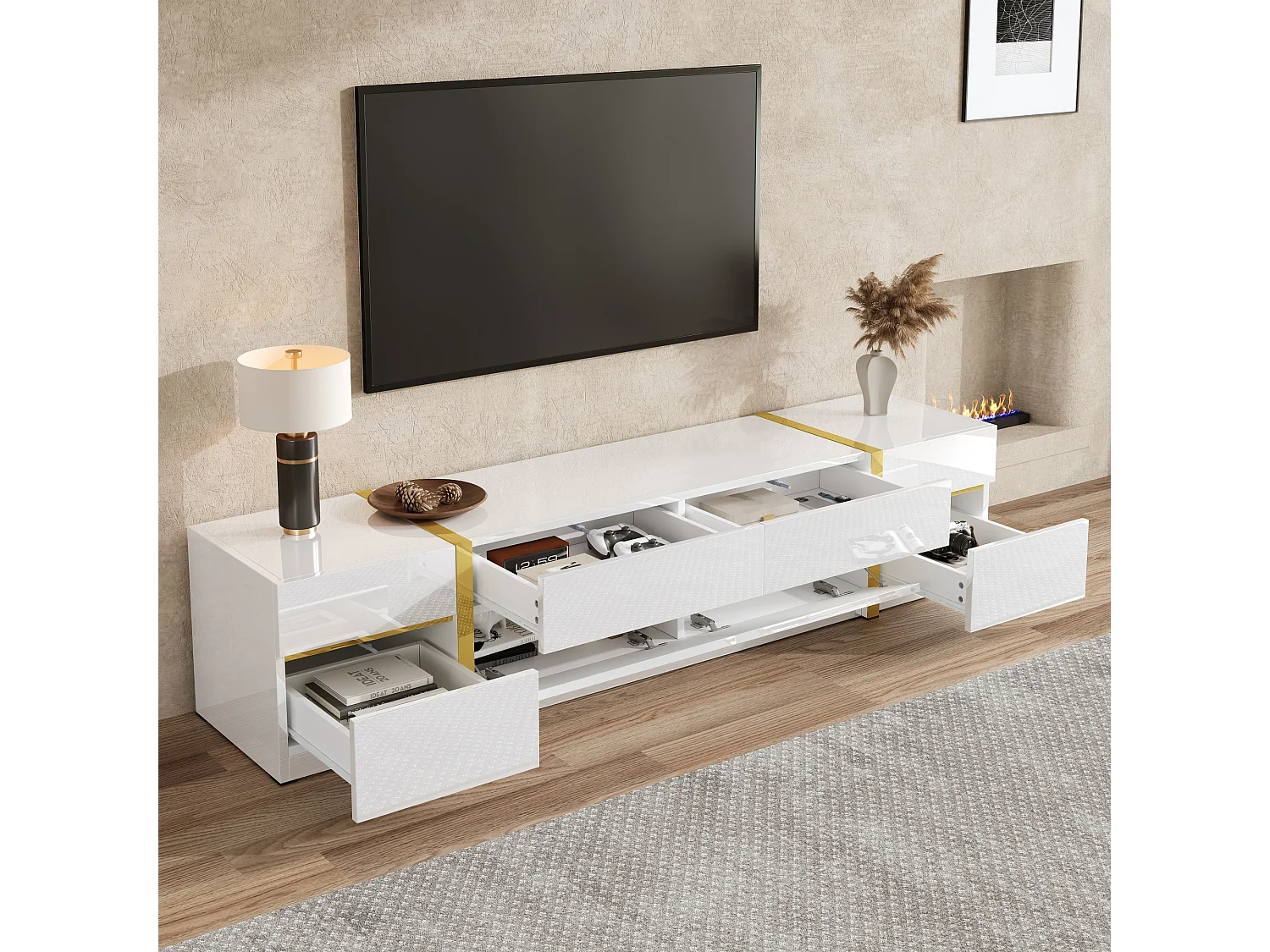 Meuble TV finition laquée brillante avec 4 tiroirs et 2 portes - Blanc