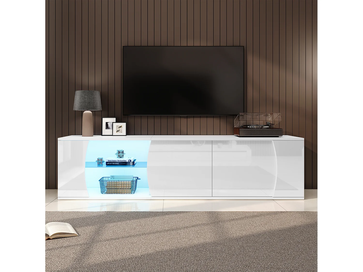 Meuble TV 180 x 40 x 45 cm à 3 portes et LED - Finition brillant blanc