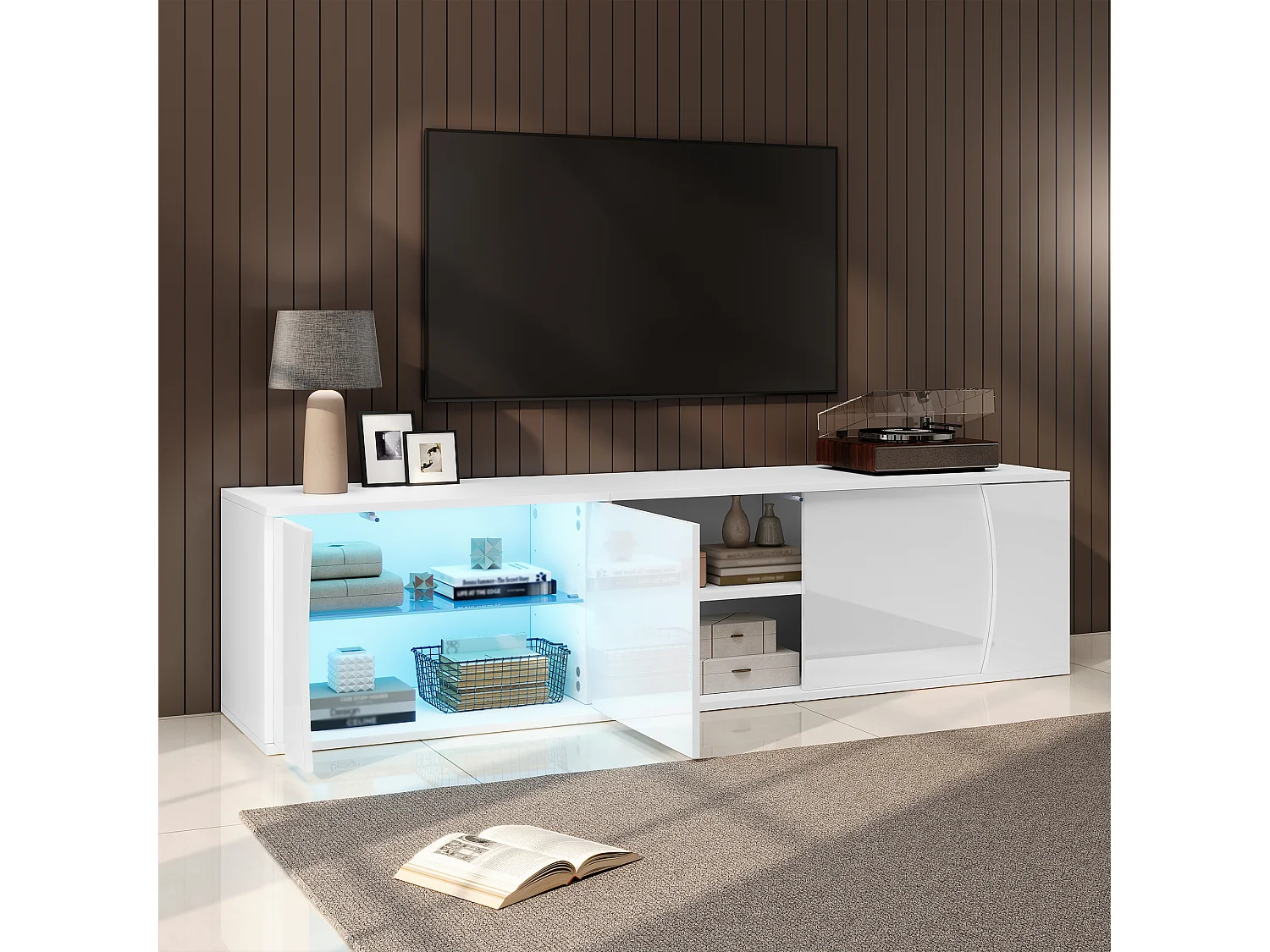 Meuble TV 180 x 40 x 45 cm à 3 portes et LED - Finition brillant blanc