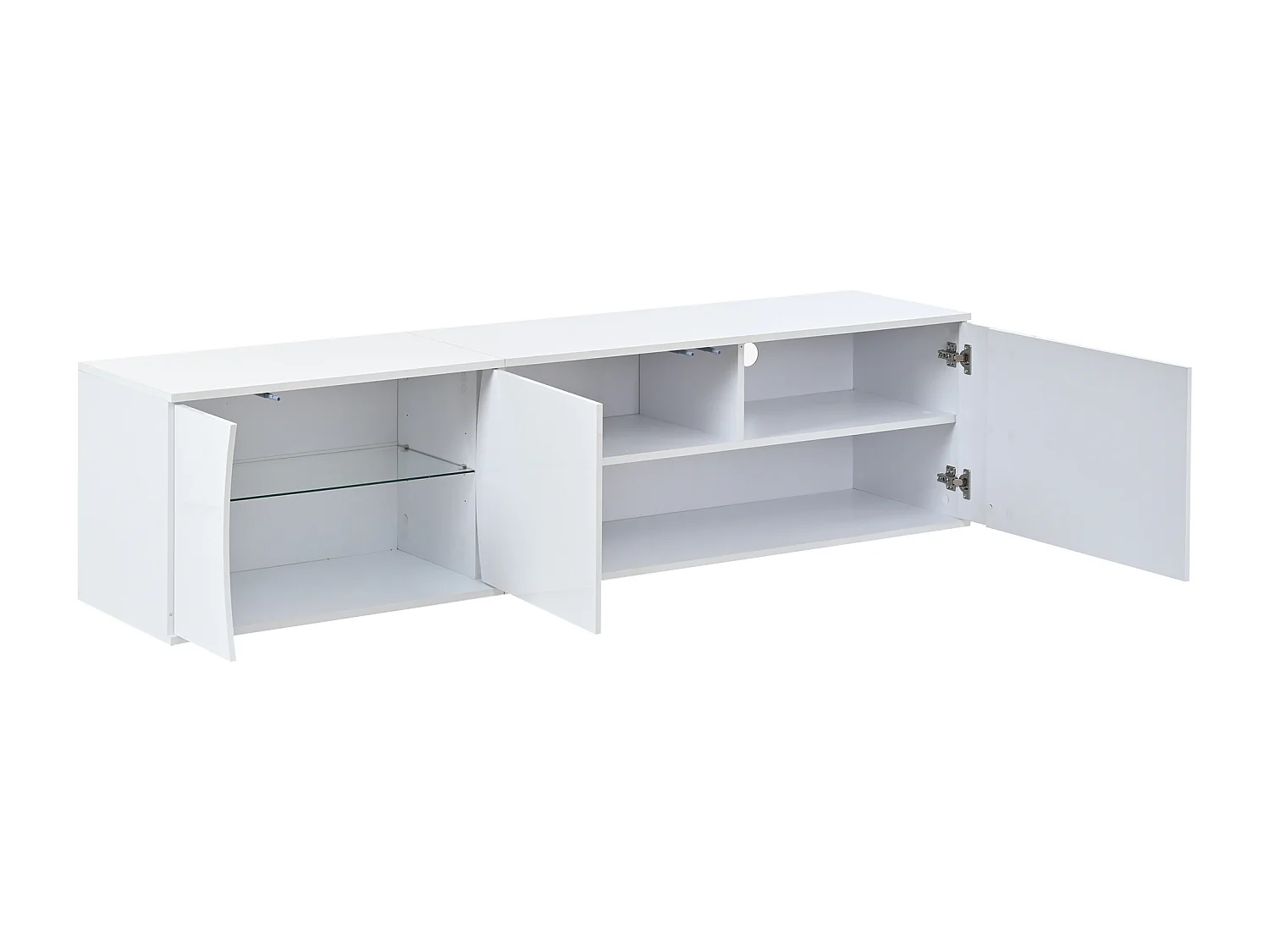 Meuble TV 180 x 40 x 45 cm à 3 portes et LED - Finition brillant blanc