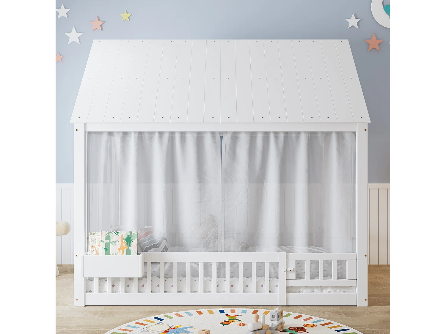 Lit cabane 140x200 cm avec rideaux blancs - Lit double en pin et MDF