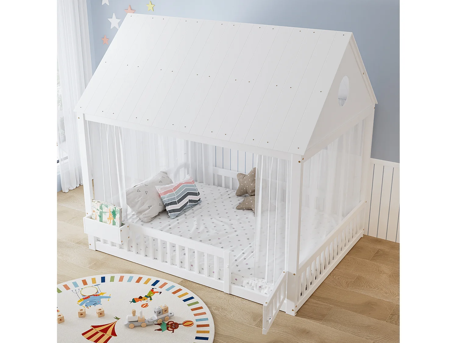 Lit cabane 140x200 cm avec rideaux blancs - Lit double en pin et MDF