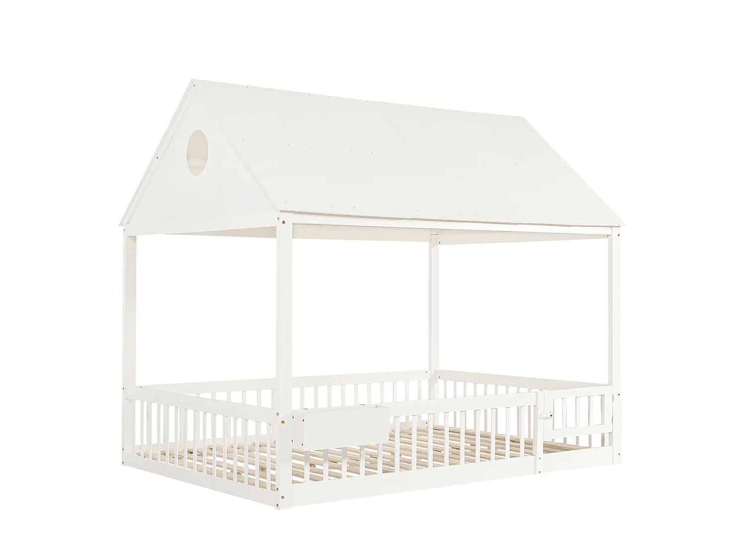 Lit cabane 140x200 cm avec rideaux blancs - Lit double en pin et MDF