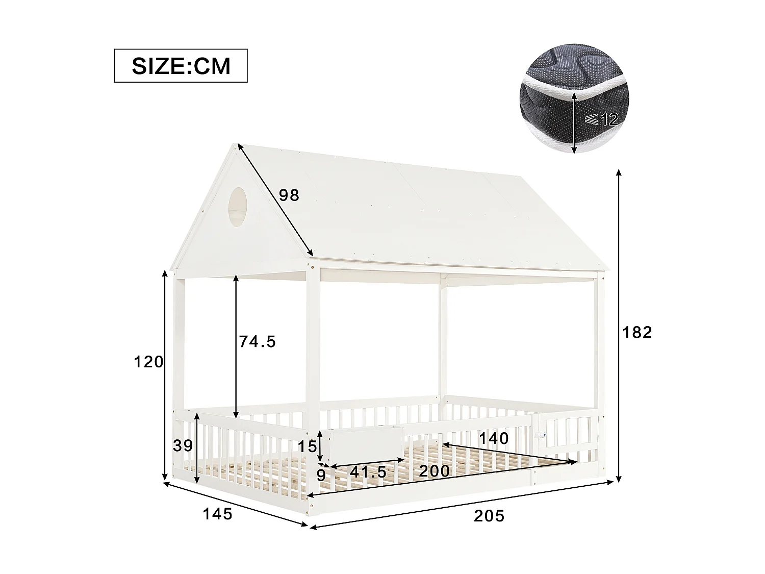 Lit cabane 140x200 cm avec rideaux blancs - Lit double en pin et MDF