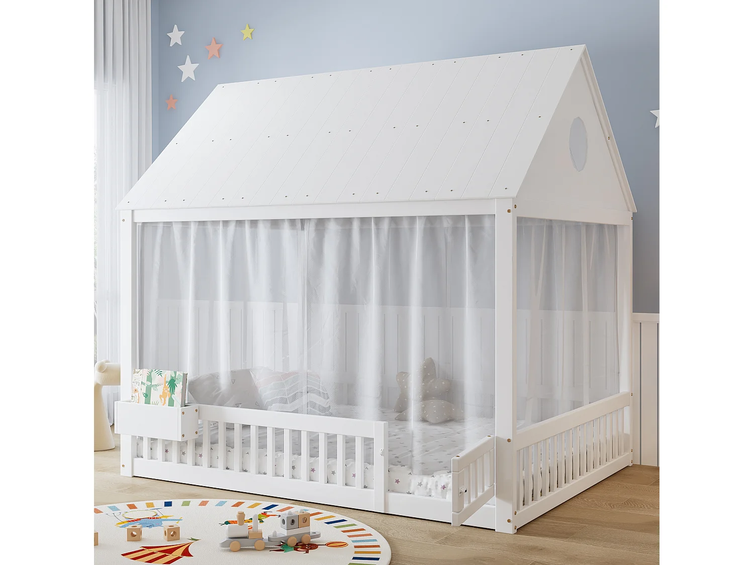 Lit cabane 140x200 cm avec rideaux blancs - Lit double en pin et MDF