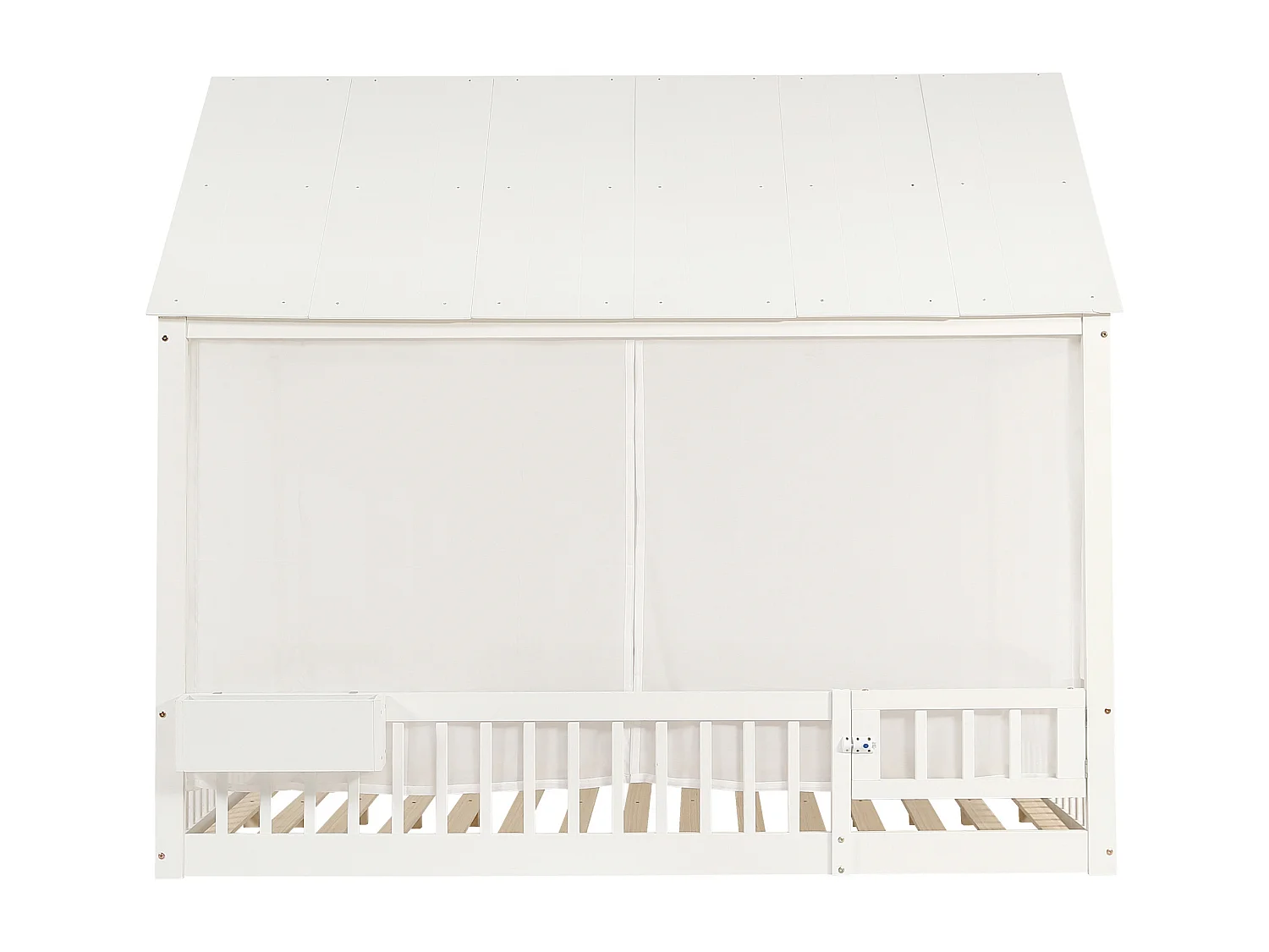 Lit cabane 140x200 cm avec rideaux blancs - Lit double en pin et MDF