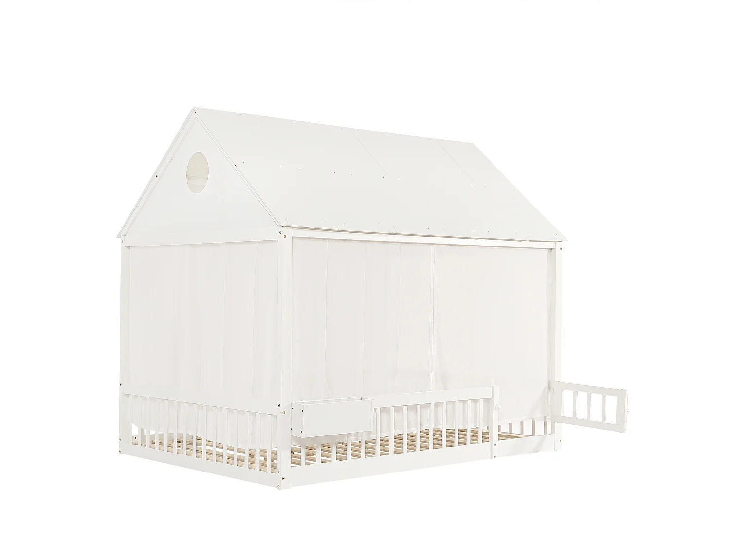 Lit cabane 140x200 cm avec rideaux blancs - Lit double en pin et MDF