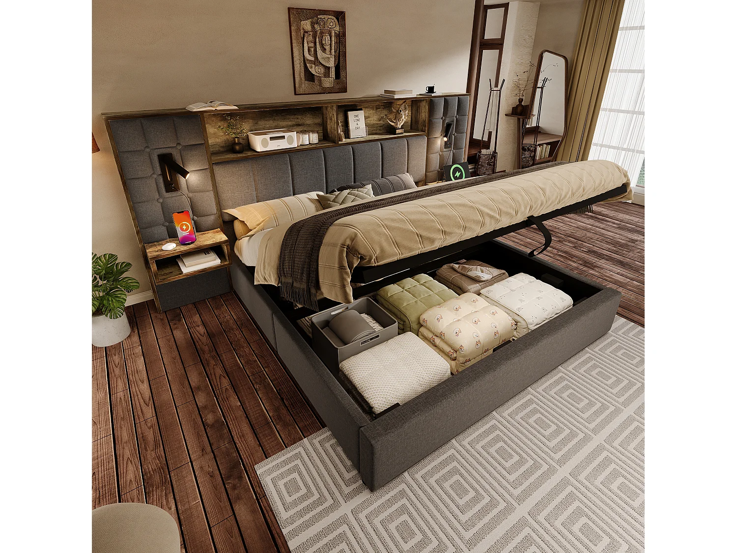 Lit coffre rembourré - 180 x 200 cm - avec Leds + 2 lampes de lecture + 2 tables de chevet + tête de lit de rangement - lin - gris