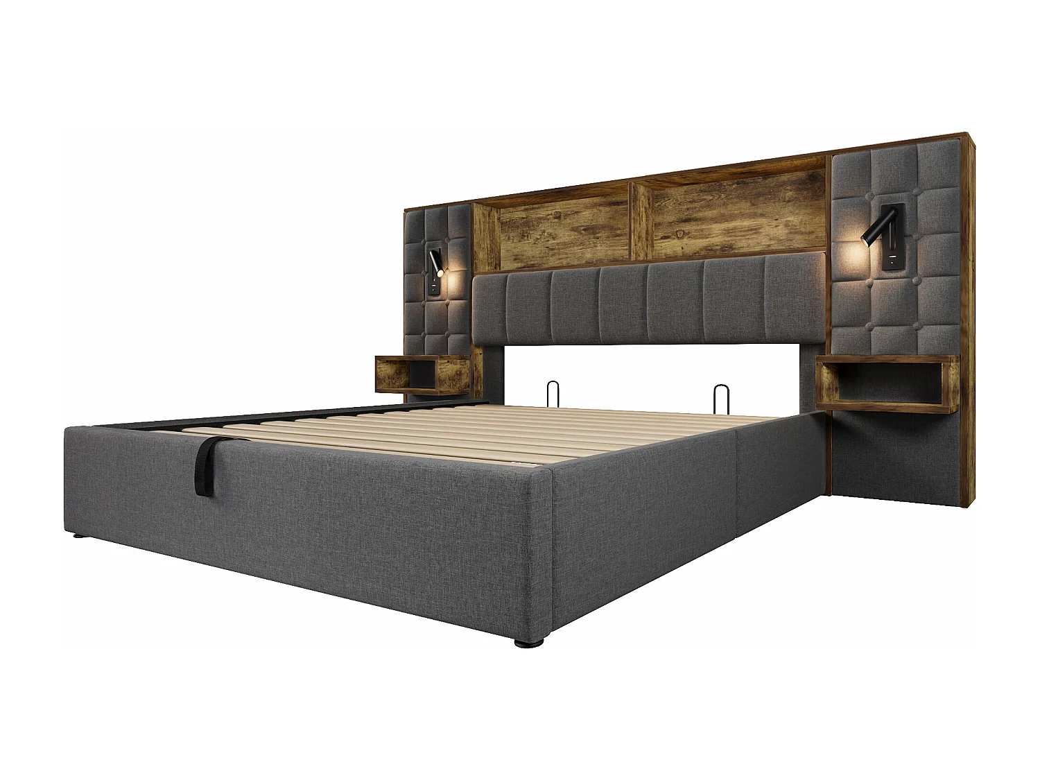 Lit coffre rembourré - 180 x 200 cm - avec Leds + 2 lampes de lecture + 2 tables de chevet + tête de lit de rangement - lin - gris