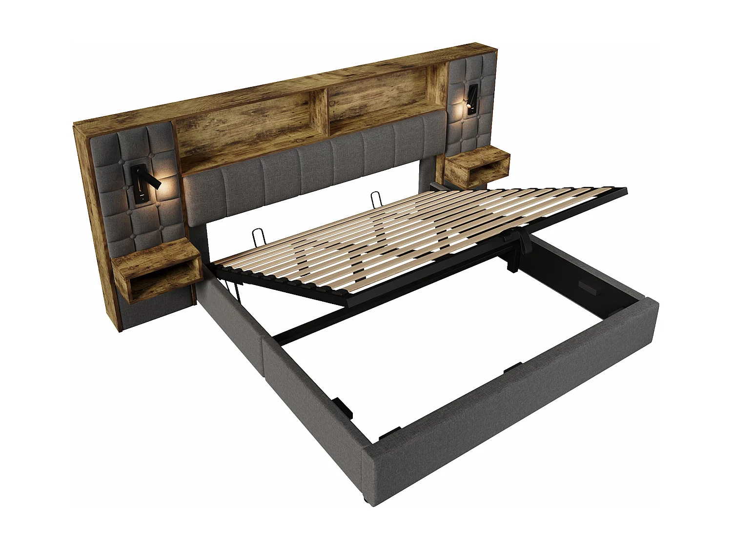 Lit coffre rembourré - 180 x 200 cm - avec Leds + 2 lampes de lecture + 2 tables de chevet + tête de lit de rangement - lin - gris