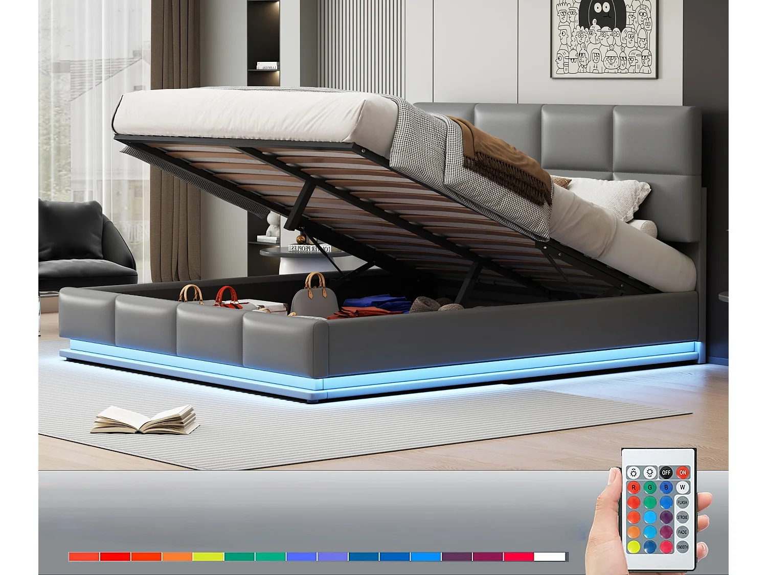 Gepolstertes Stauraumbett 180x200 cm mit LED-Beleuchtung – aus Kunstleder – Hellgrau