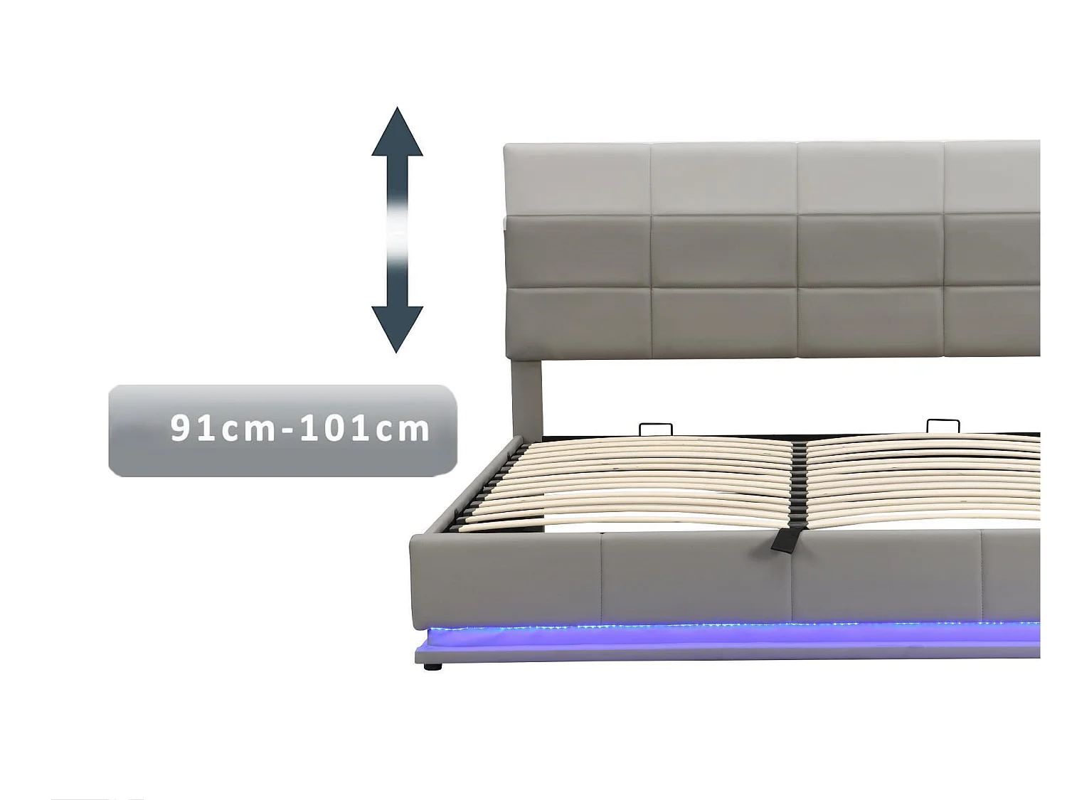 Gepolstertes Stauraumbett 180x200 cm mit LED-Beleuchtung – aus Kunstleder – Hellgrau