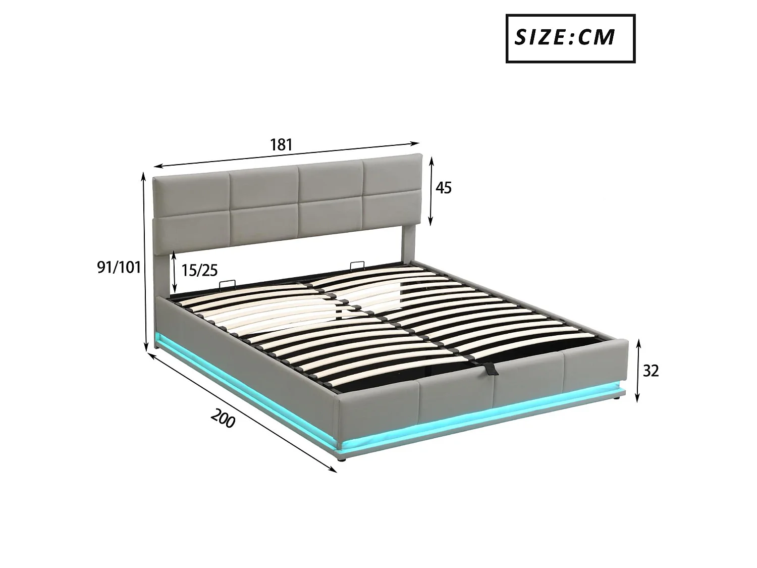 Gepolstertes Stauraumbett 180x200 cm mit LED-Beleuchtung – aus Kunstleder – Hellgrau
