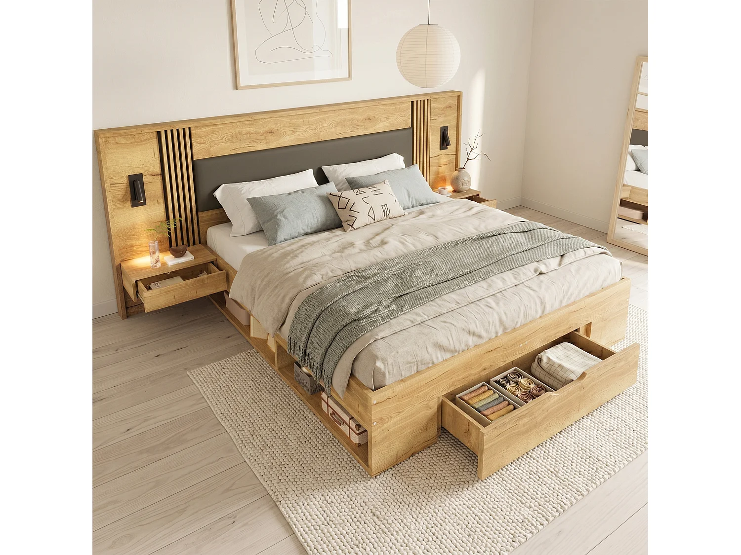 Tweepersoonsbed met opbergruimte - 160 x 200 cm - met leeslamp + 2 nachtkastjes + lades - hout - naturel
