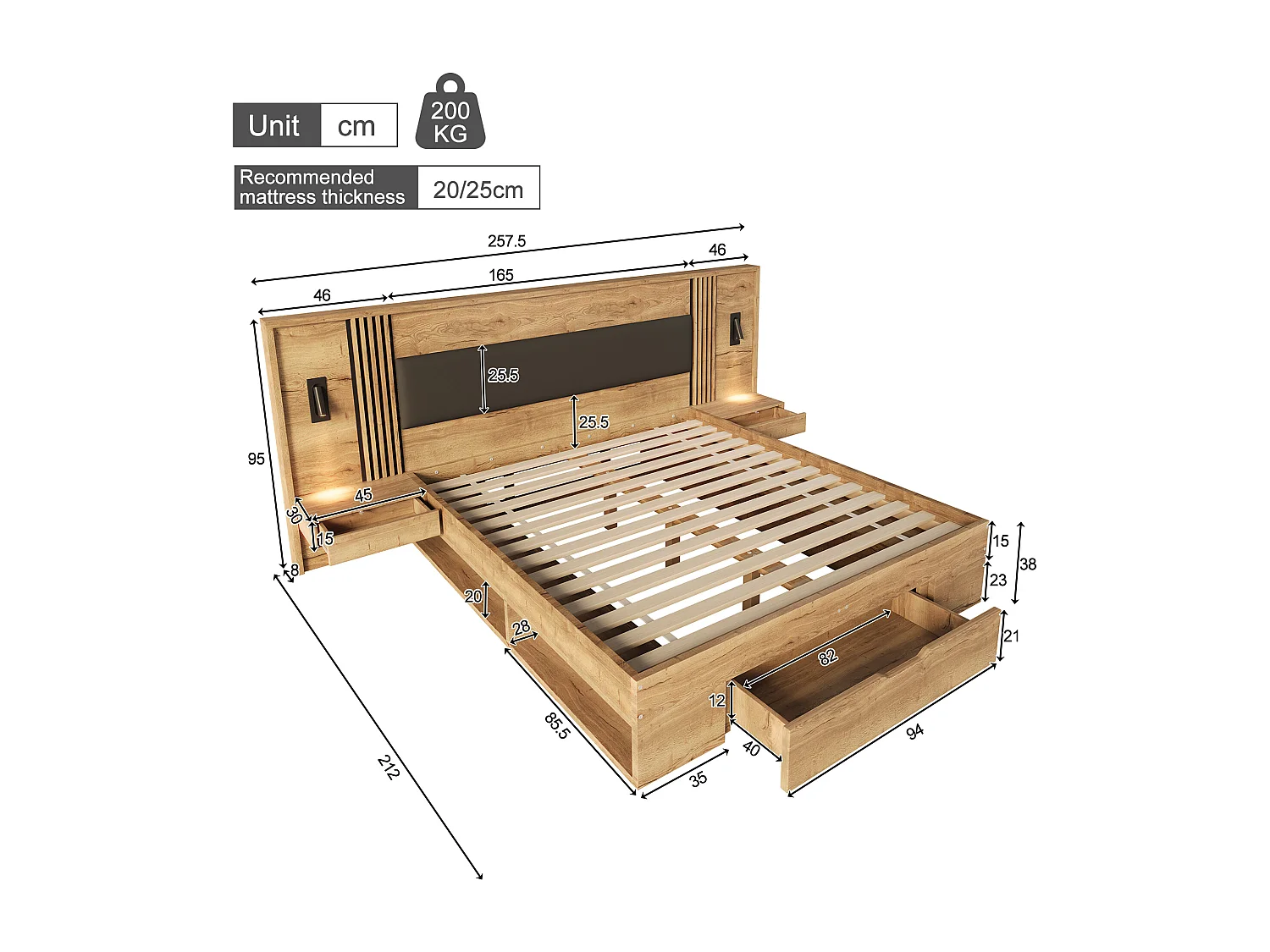 Tweepersoonsbed met opbergruimte - 160 x 200 cm - met leeslamp + 2 nachtkastjes + lades - hout - naturel