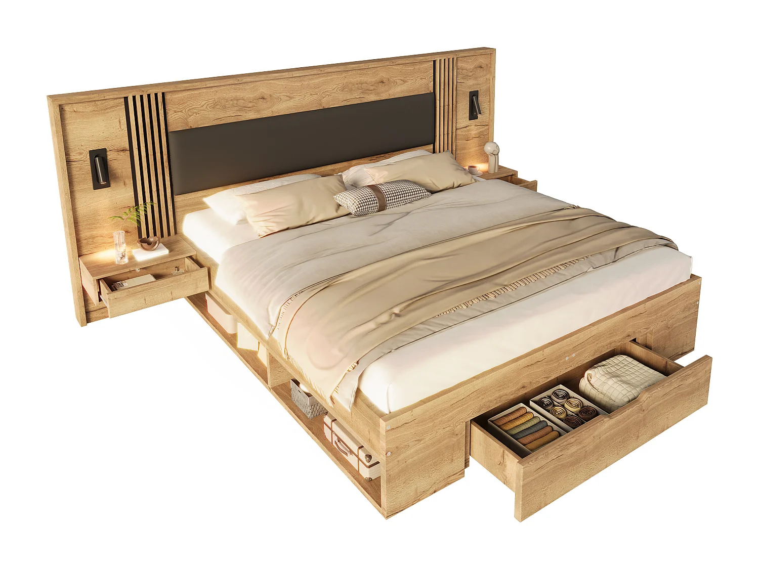 Tweepersoonsbed met opbergruimte - 160 x 200 cm - met leeslamp + 2 nachtkastjes + lades - hout - naturel