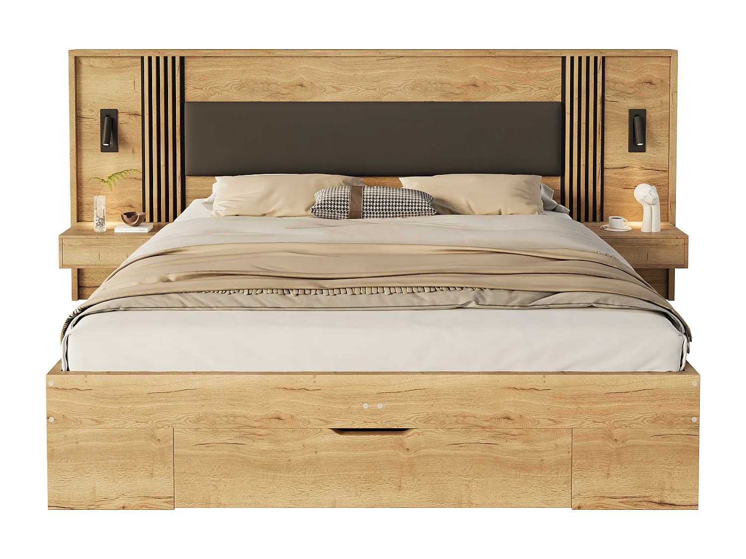 Tweepersoonsbed met opbergruimte - 160 x 200 cm - met leeslamp + 2 nachtkastjes + lades - hout - naturel