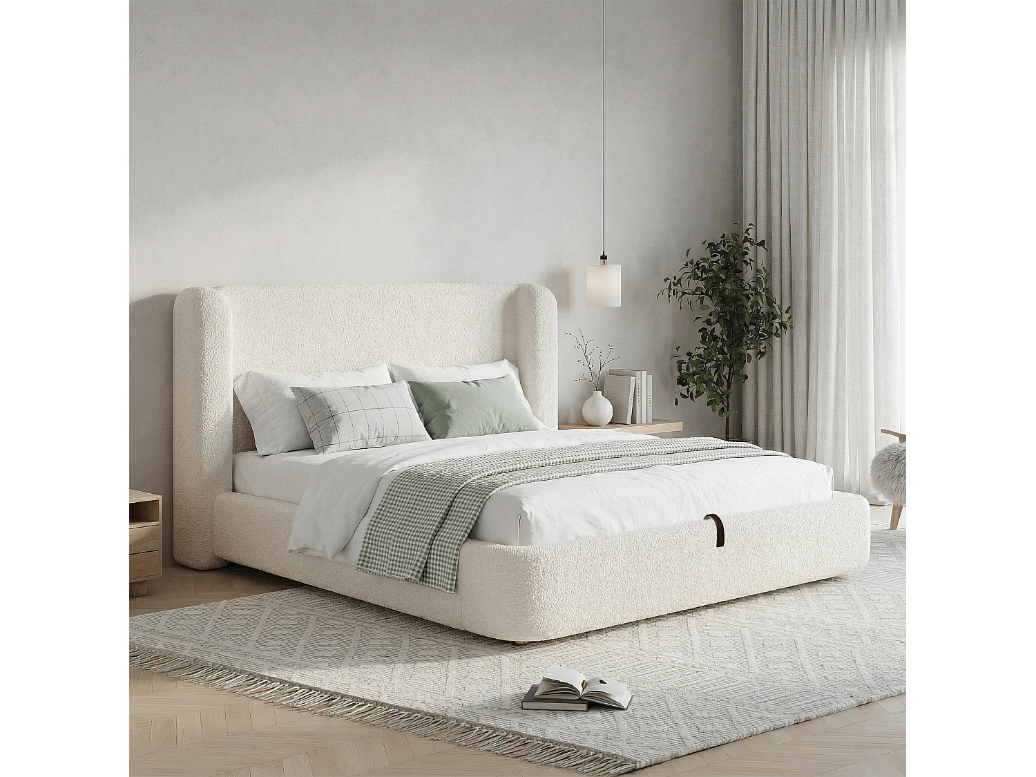 Upholstered double bed with storage - 180 x 200 cm - with hydraulic storage + headboard - bow cover - beige