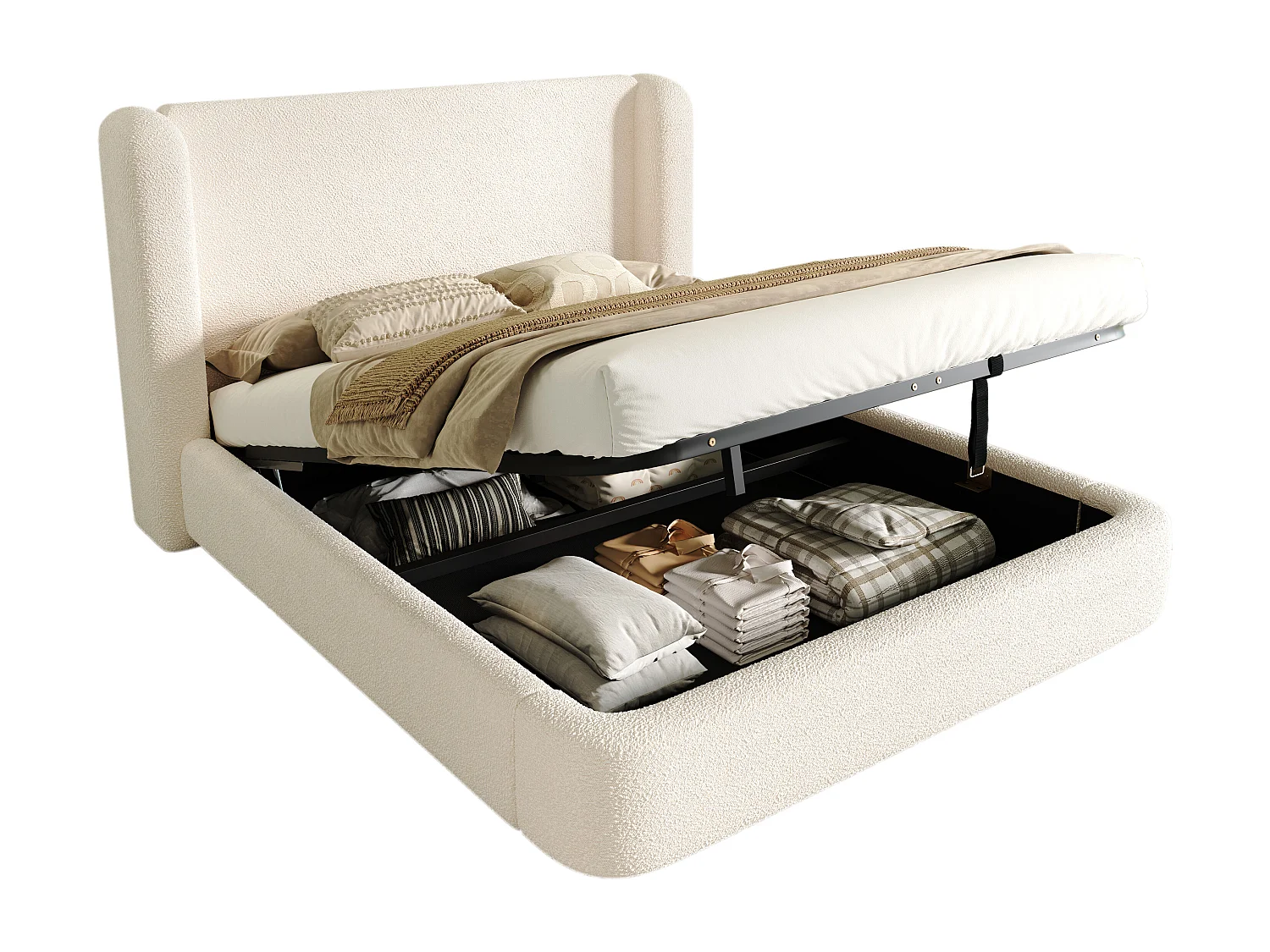 Upholstered double bed with storage - 180 x 200 cm - with hydraulic storage + headboard - bow cover - beige