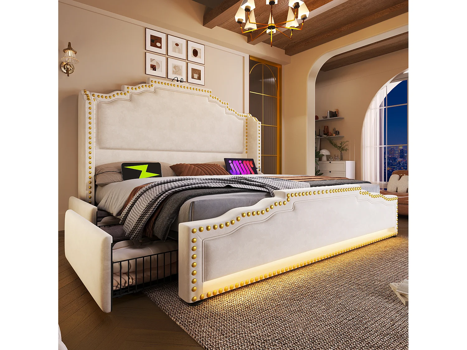 Łóżko tapicerowane dwuosobowe z pojemnikiem - 180 x 200 cm - z diodami LED + USB-C + 4 szuflady - aksamitne - beżowe