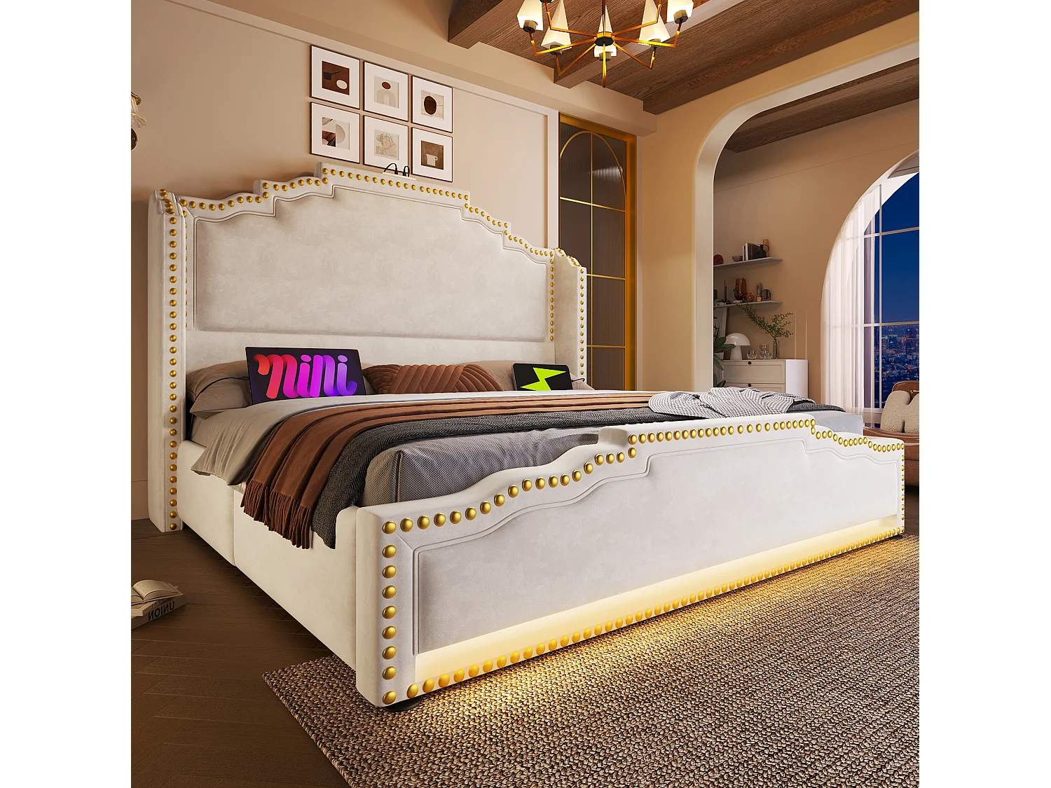Łóżko tapicerowane dwuosobowe z pojemnikiem - 180 x 200 cm - z diodami LED + USB-C + 4 szuflady - aksamitne - beżowe