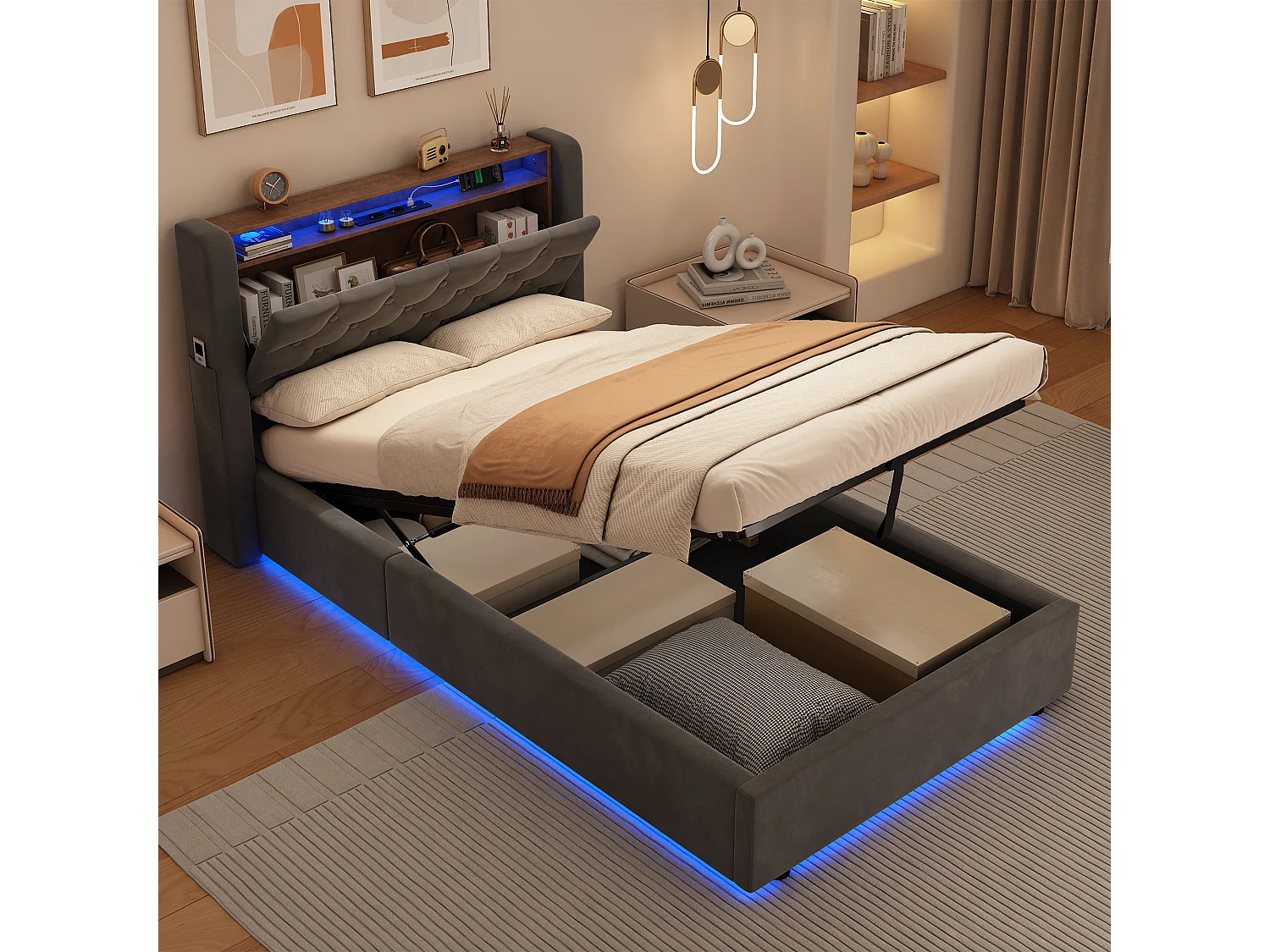 Lit coffre enfant 90 x 190 cm en velours avec LED, prise électrique - Gris foncé