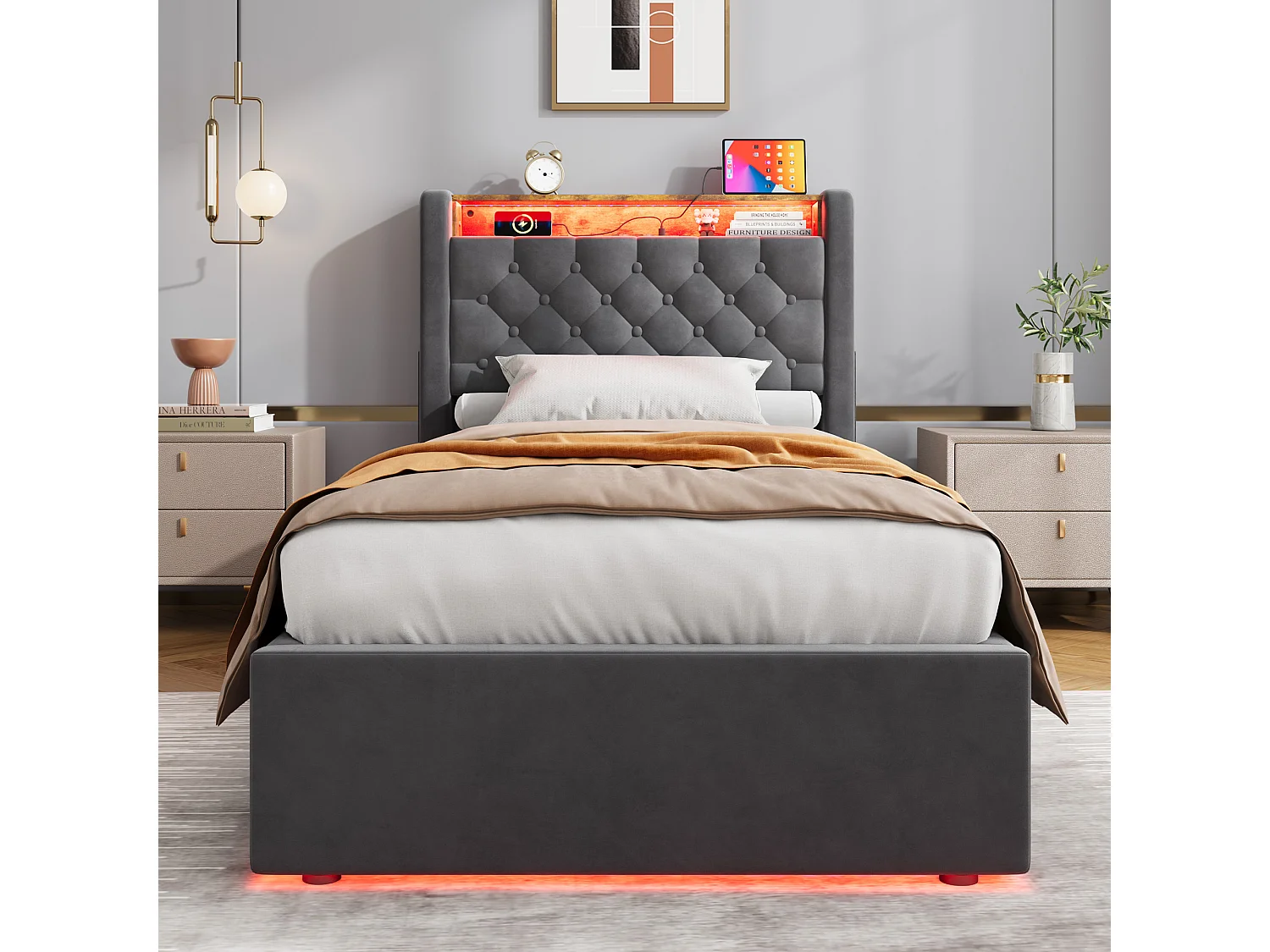 Lit coffre enfant 90 x 190 cm en velours avec LED, prise électrique - Gris foncé