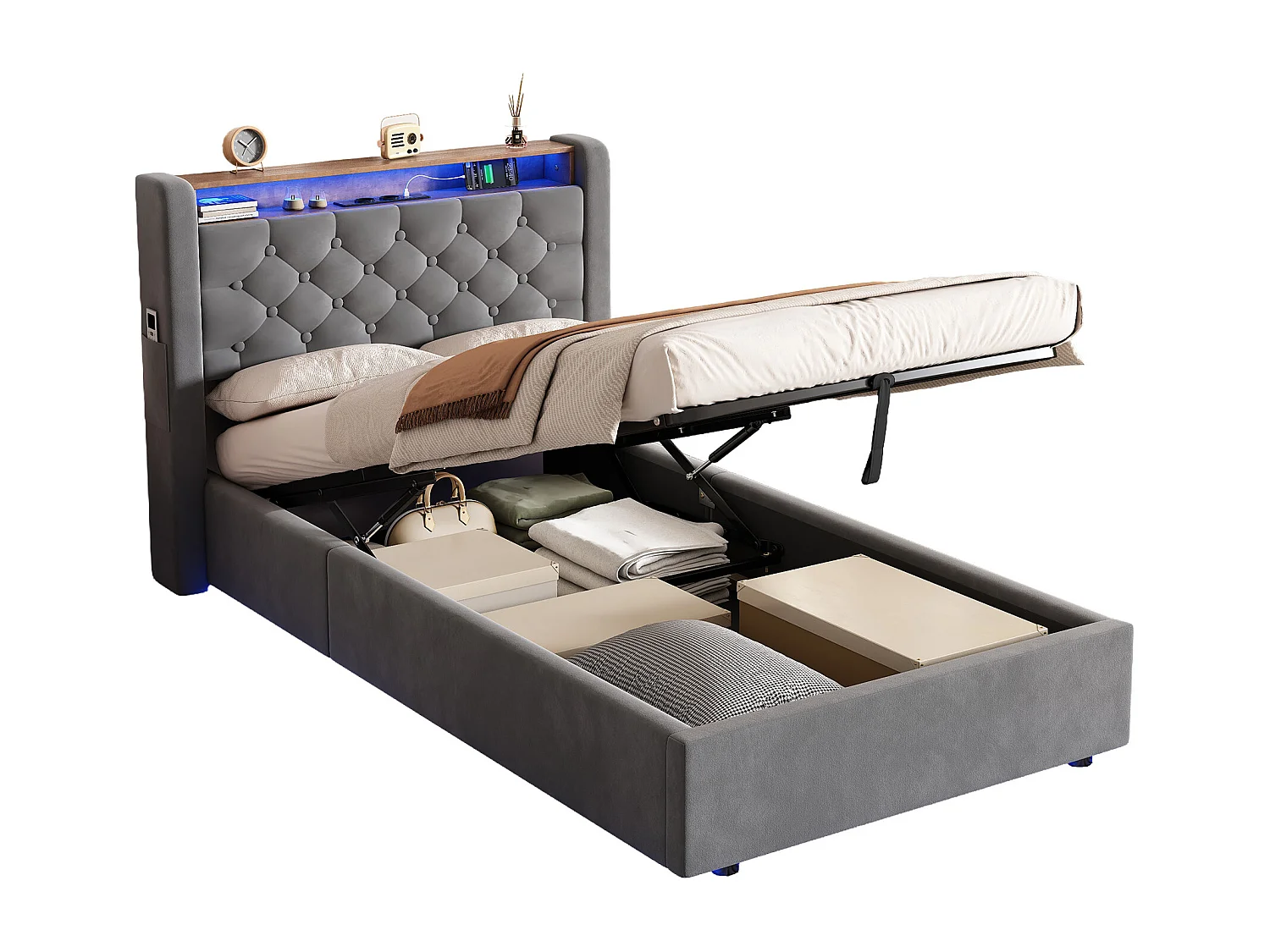 Lit coffre enfant 90 x 190 cm en velours avec LED, prise électrique - Gris foncé