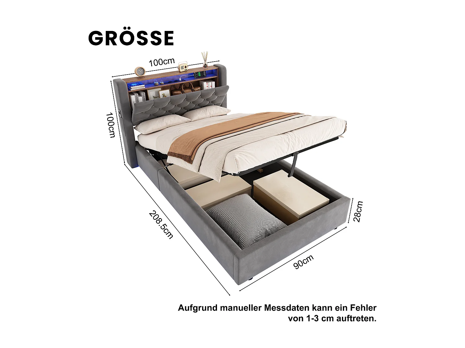 Lit coffre enfant 90 x 190 cm en velours avec LED, prise électrique - Gris foncé