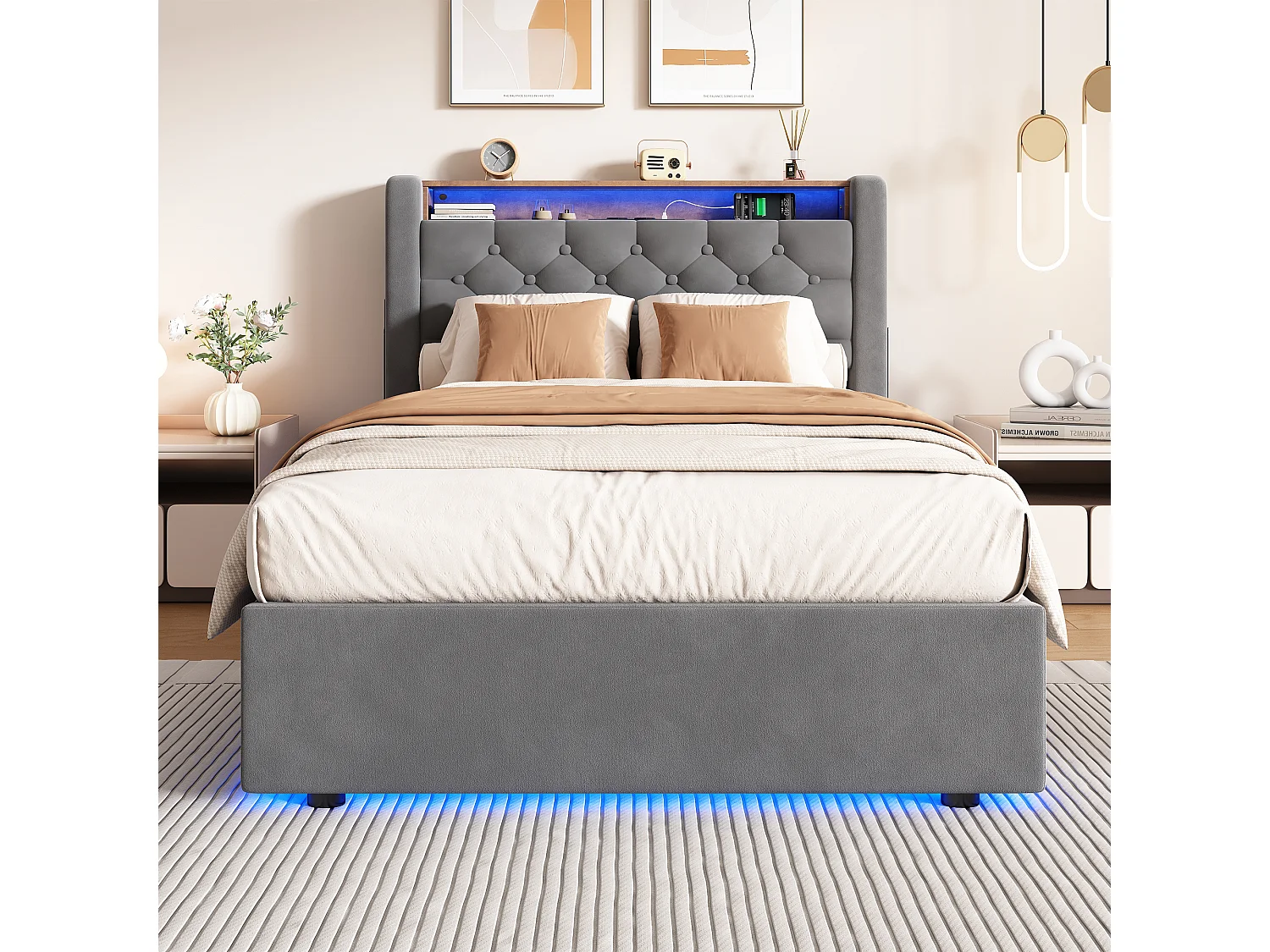 Lit coffre enfant 90 x 190 cm en velours avec LED, prise électrique - Gris foncé