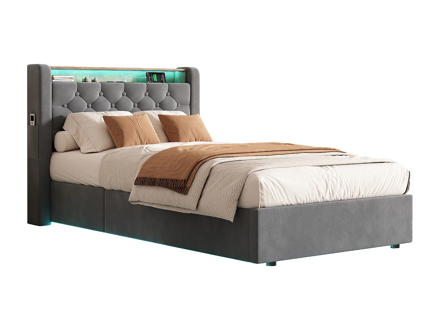 Lit coffre enfant 90 x 190 cm en velours avec LED, prise électrique - Gris foncé