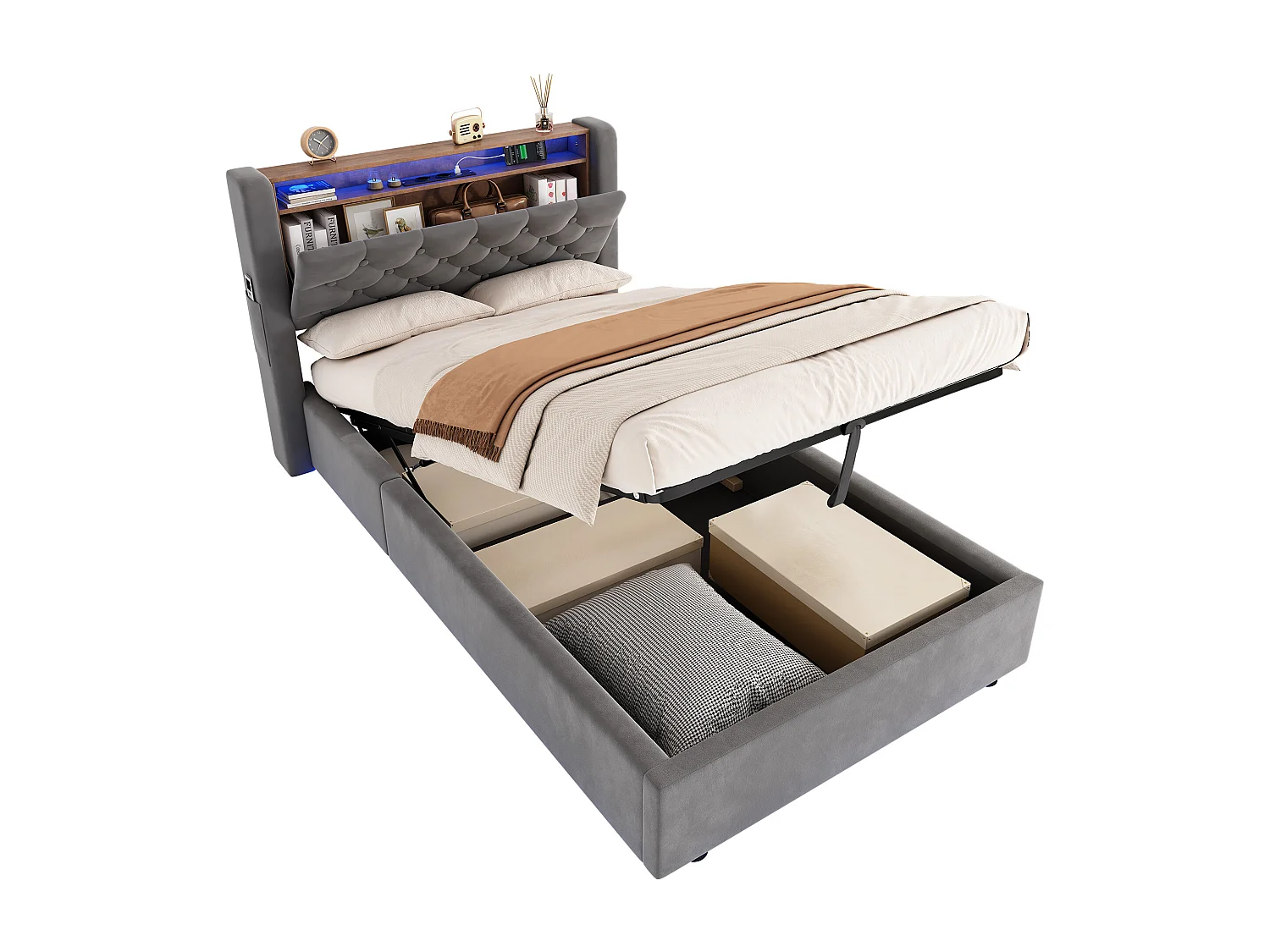Lit coffre enfant 90 x 190 cm en velours avec LED, prise électrique - Gris foncé