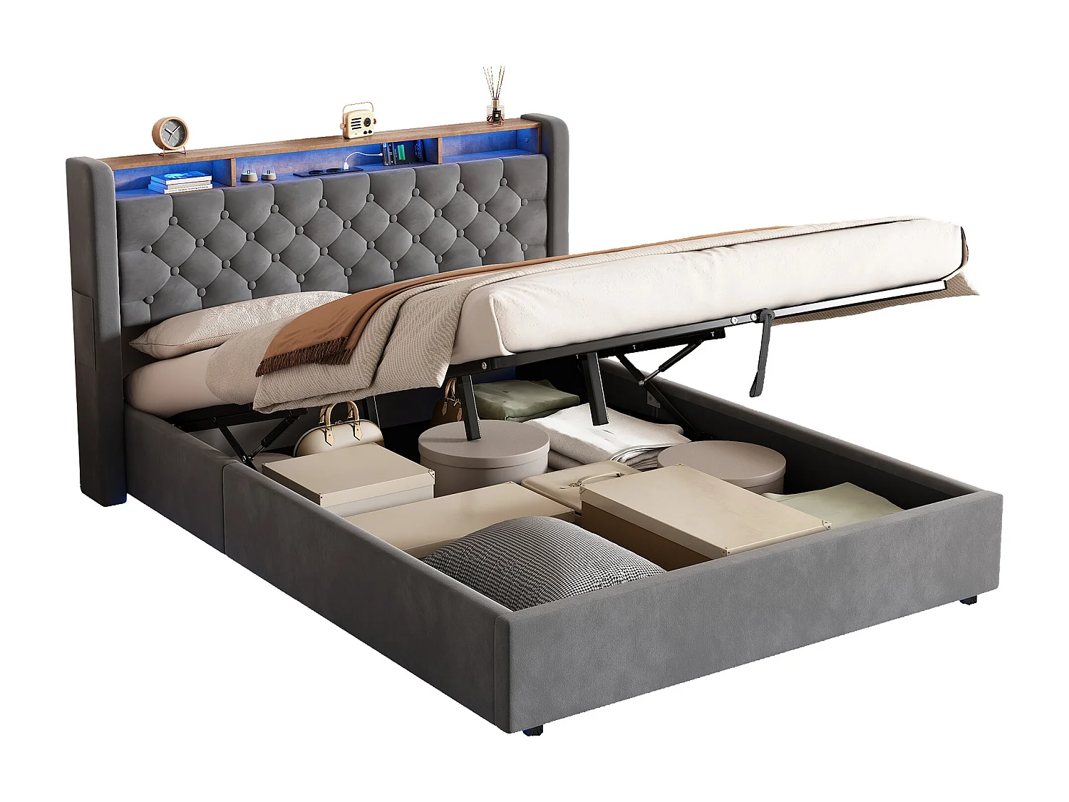 Lit coffre adulte 140 x 190 cm en velours avec LED, prise électrique - Gris foncé
