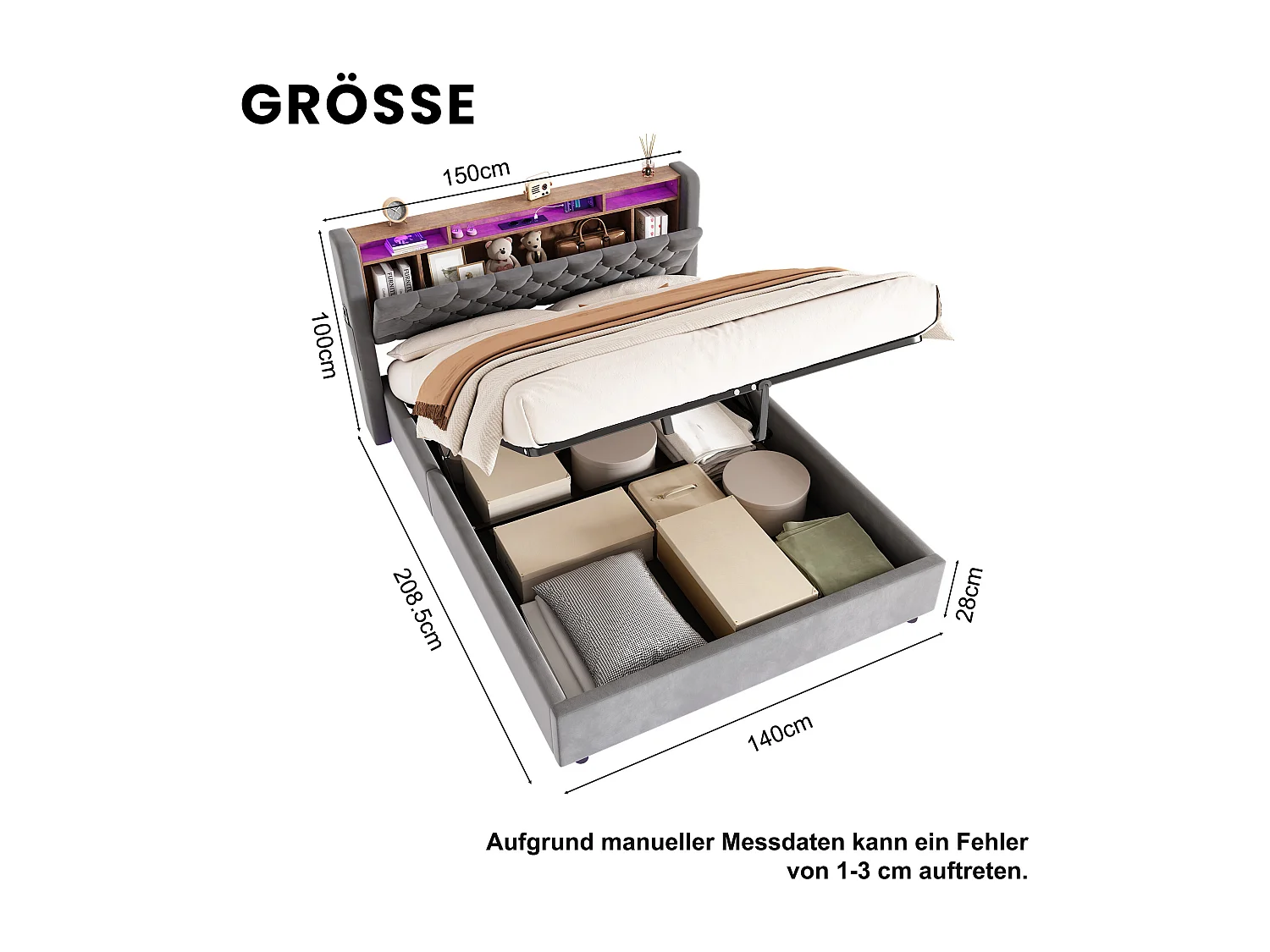 Lit coffre adulte 140 x 190 cm en velours avec LED, prise électrique - Gris foncé