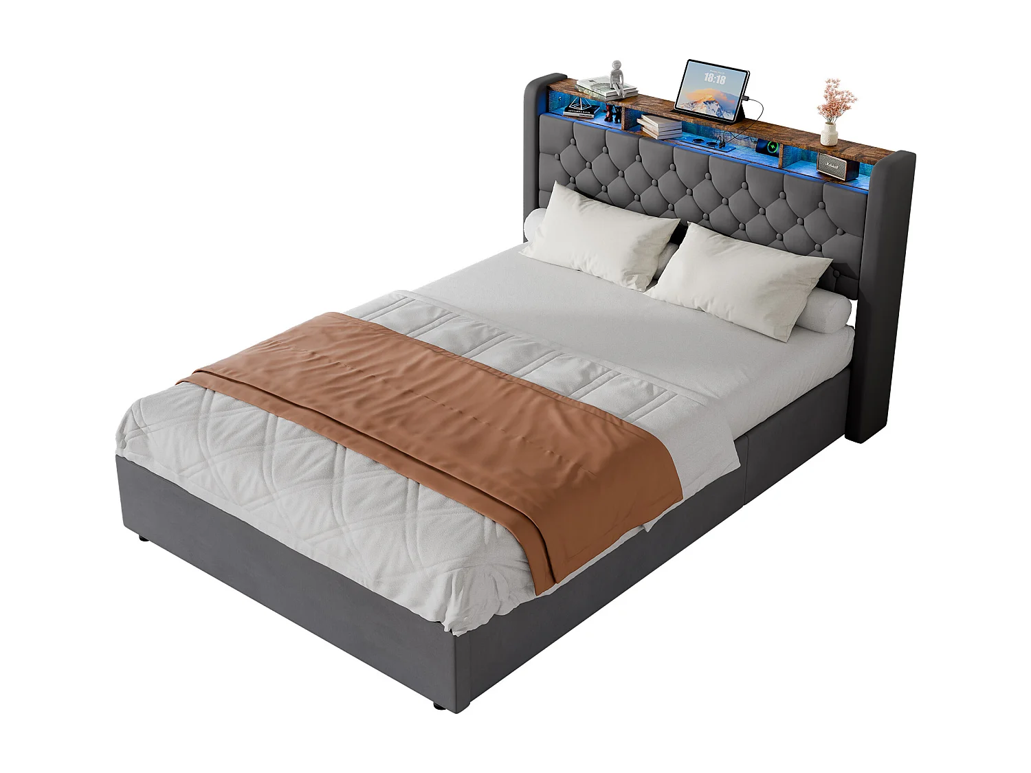Lit coffre adulte 140 x 190 cm en velours avec LED, prise électrique - Gris foncé