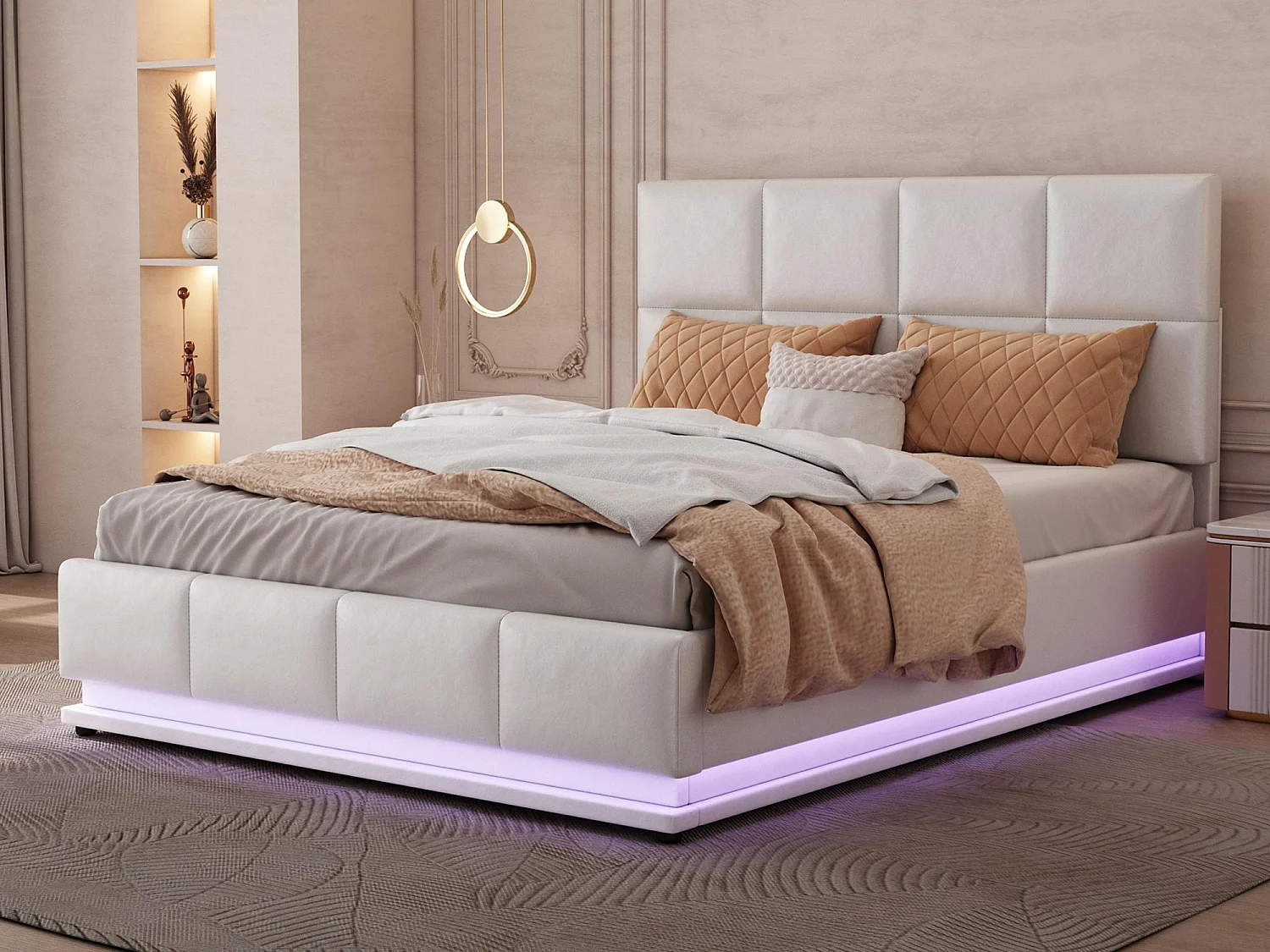 Gepolstertes Stauraumbett 140x200 cm mit LED-Beleuchtung – aus Kunstleder – Weiß