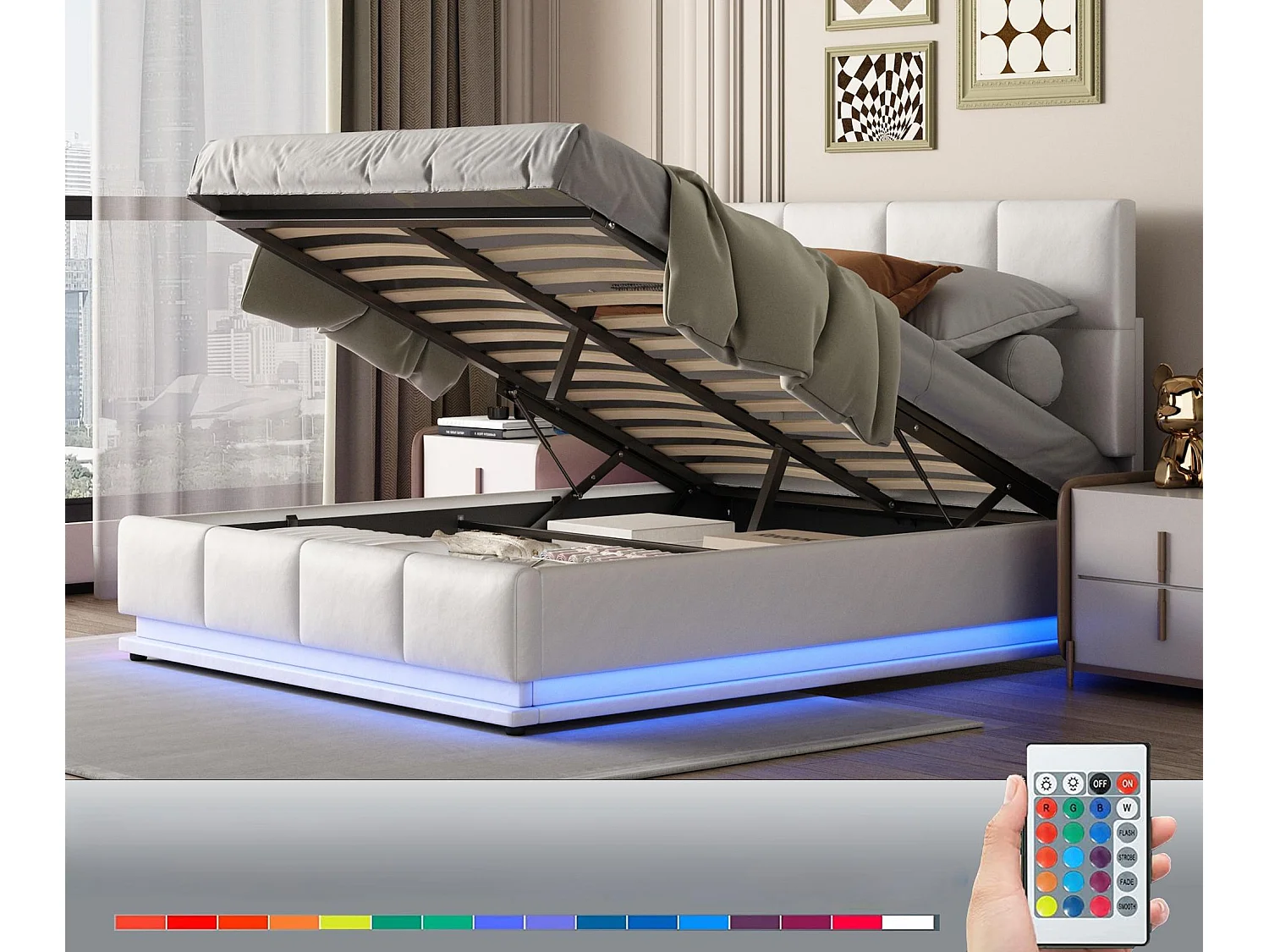 Gepolstertes Stauraumbett 140x200 cm mit LED-Beleuchtung – aus Kunstleder – Weiß