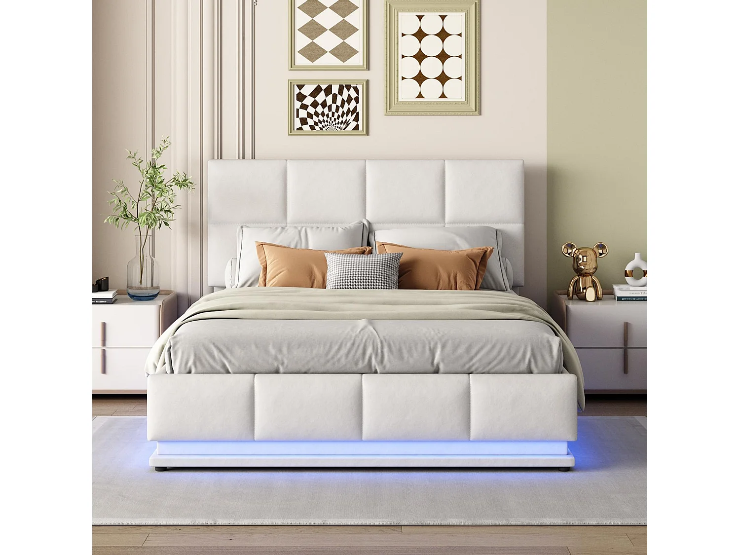 Gepolstertes Stauraumbett 140x200 cm mit LED-Beleuchtung – aus Kunstleder – Weiß