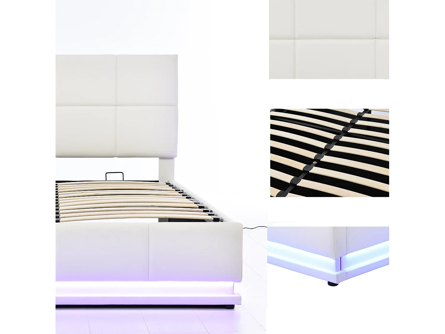 Gepolstertes Stauraumbett 140x200 cm mit LED-Beleuchtung – aus Kunstleder – Weiß